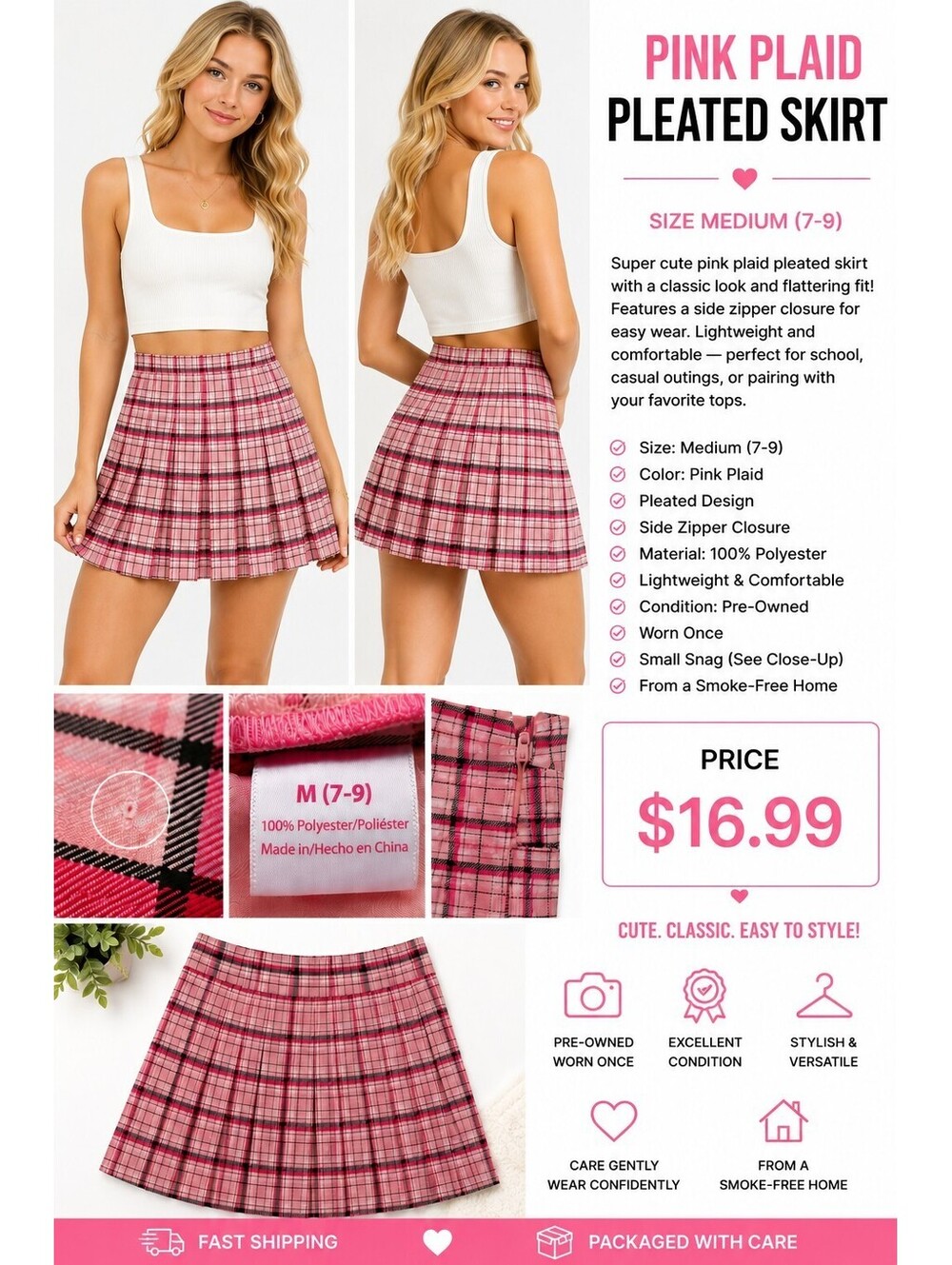 Women's Pink Plaid Pleated Short Skirt Polyester Lightweight Side Zip M 7-9